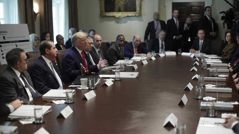 President Donald Trump, center left, speaking during a Cabinet meeting in the Cabinet Room of the White House, Monday, Oct. 21, 2019, in Washington.