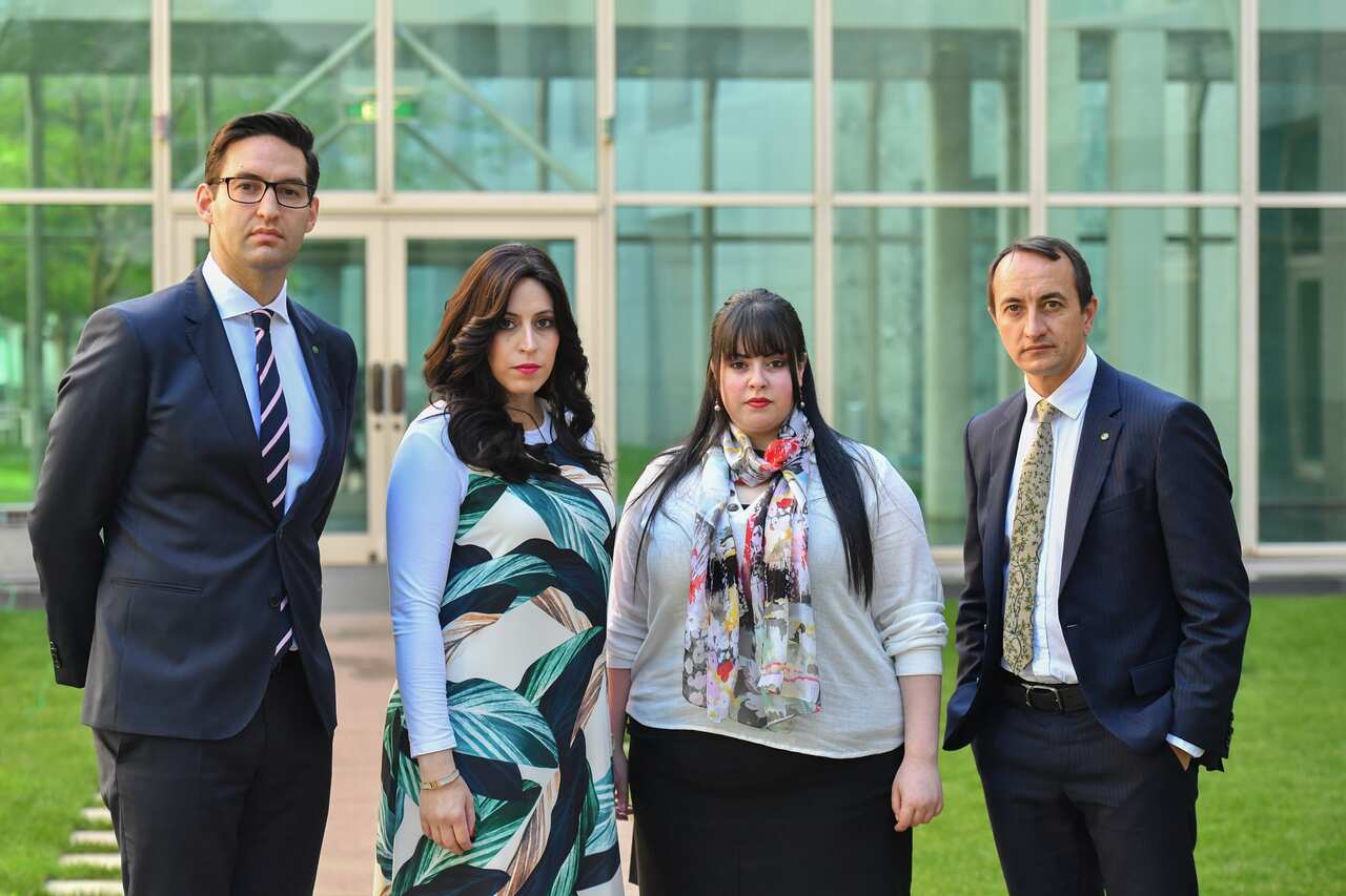 Labor Member for Macnamara Josh Burns, child sexual abuse victims Nicole Meyer, Dassi Erlich and Liberal Member for Wentworth Dave Sharma at Parliament House.