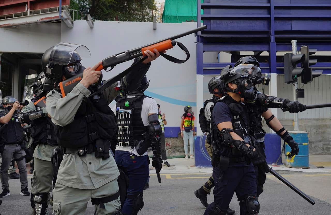 Police at the rally on Sunday.