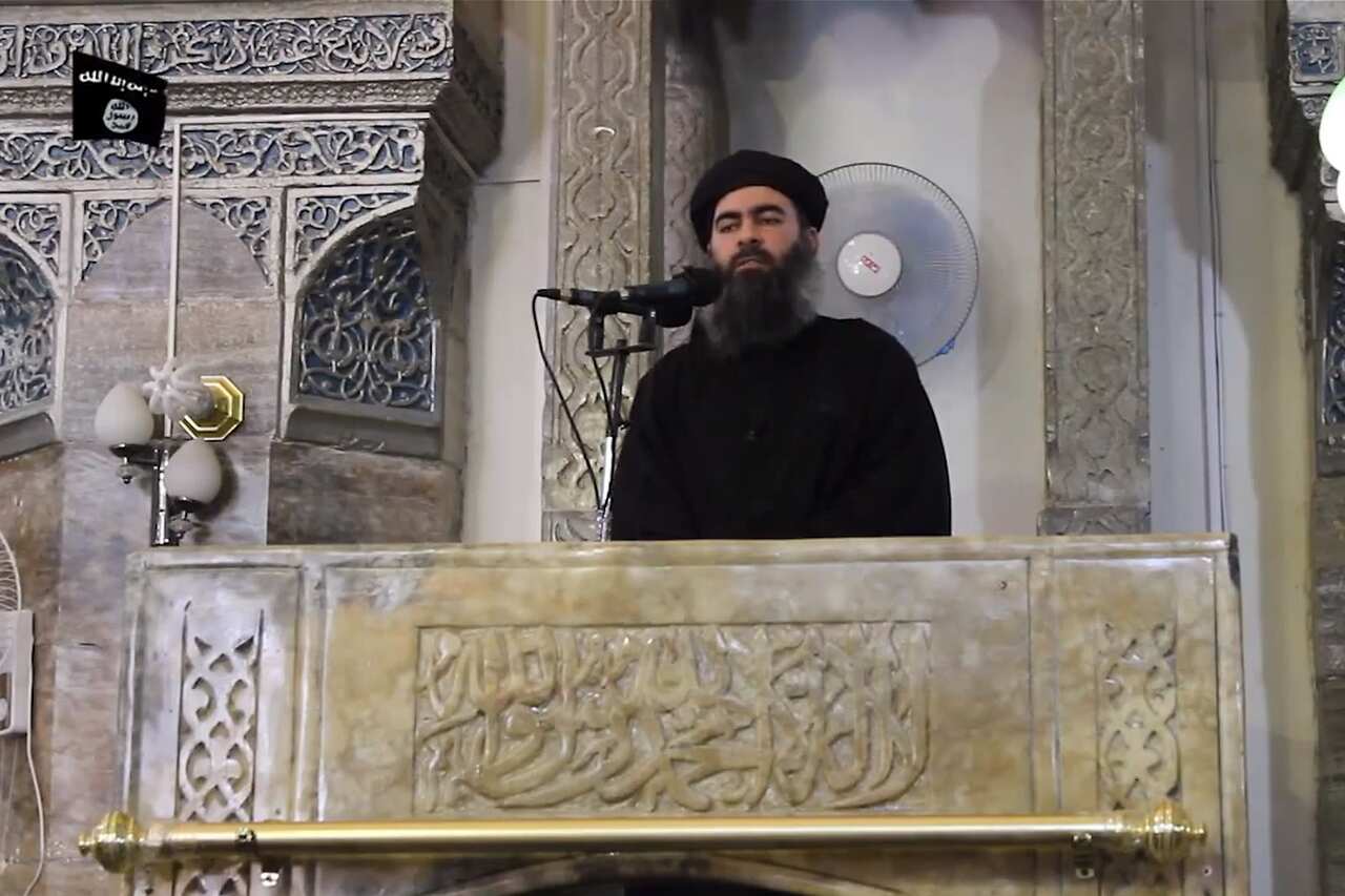 Abu Bakr Al-Baghdadi delivering a Friday sermon in the main mosque of Mosul, Iraq, on July 4, 2014. 