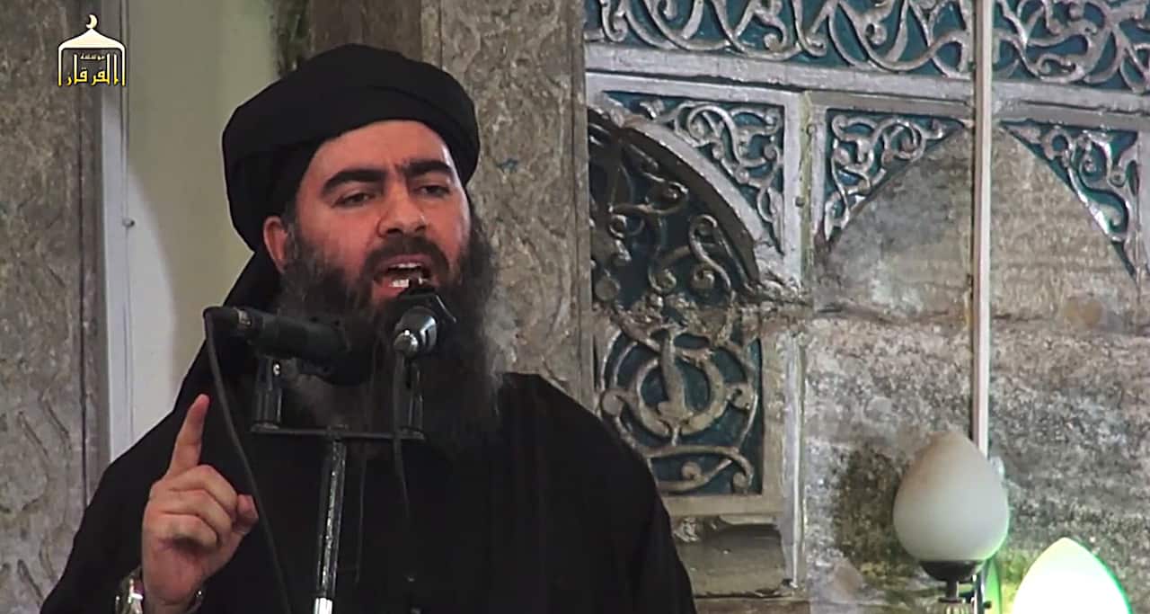 The leader of IS, Abu Bakr al-Baghdadi during his first public appearance at a mosque in Mosul, July 5, 2014.