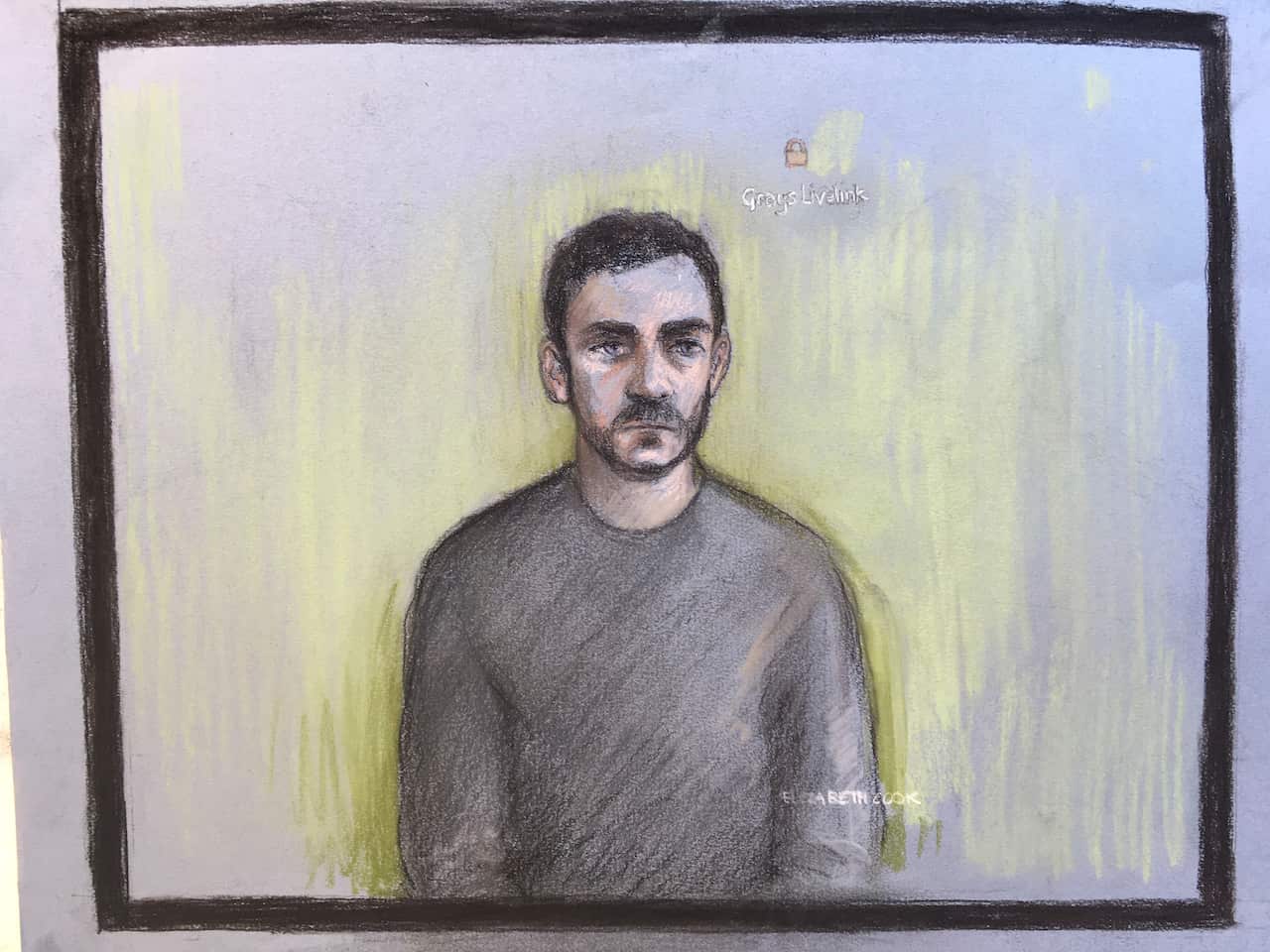 A court artist sketch shows lorry driver Maurice "Mo" Robinson, 25, on a video-link at Chelmsford Magistrates' Court.