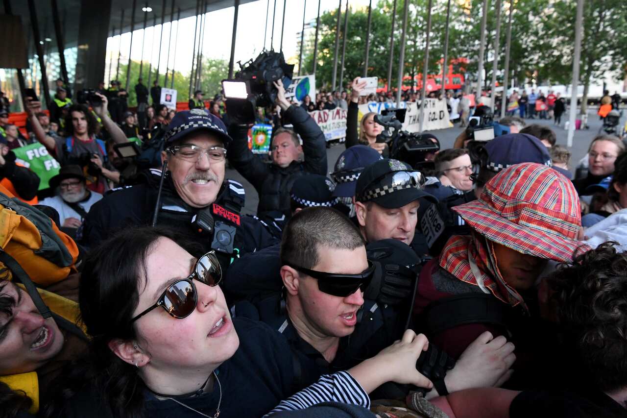 Protesters have attempted to block the entries to the Melbourne Exhibition and Convention Centre.