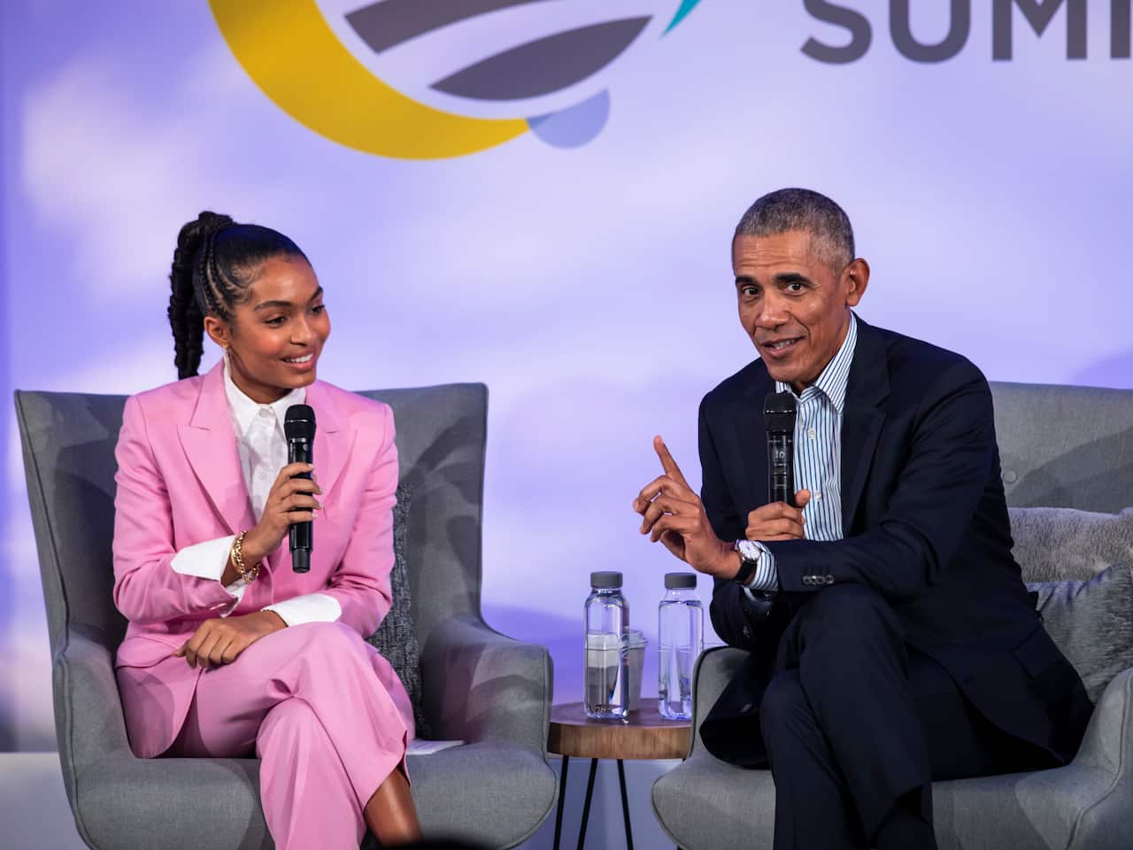 Former President Barack Obama speaks with actress, model, and activist Yara Shahidi during the Obama Foundation Summit at the Illinois Institute of Technology in Chicago, Tuesday, Oct. 29, 2019. (Ashlee Rezin Garcia/Chicago Sun-Times via AP)
