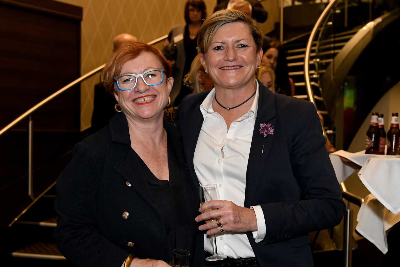 Virginia Flitcroft and Christine Forster arrive for a tribute dinner for former prime minister Tony Abbott at the Miramare Gardens in Sydney.
