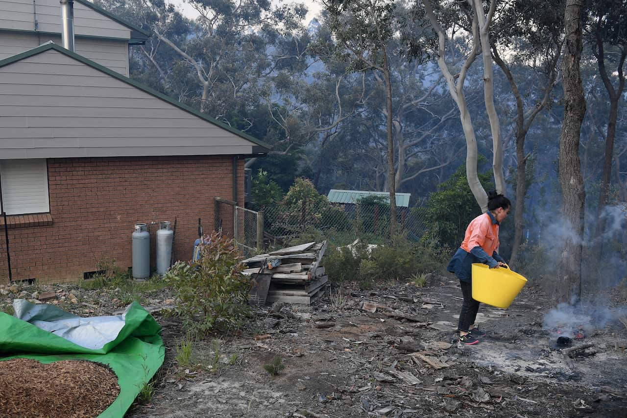 A resident uses a bucket to douse a burning log as a bushfire burns in Woodford NSW, Friday, November 8, 2019. Hot, windy conditions are wreaking havoc as bushfires burn out of control across parts of NSW, with 14 current emergency warnings in the state. 