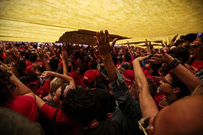 Supporters of former Brazilian President Luiz Inacio during a rally at the Metal Workers Union headquarters, in Sao Bernardo do Campo