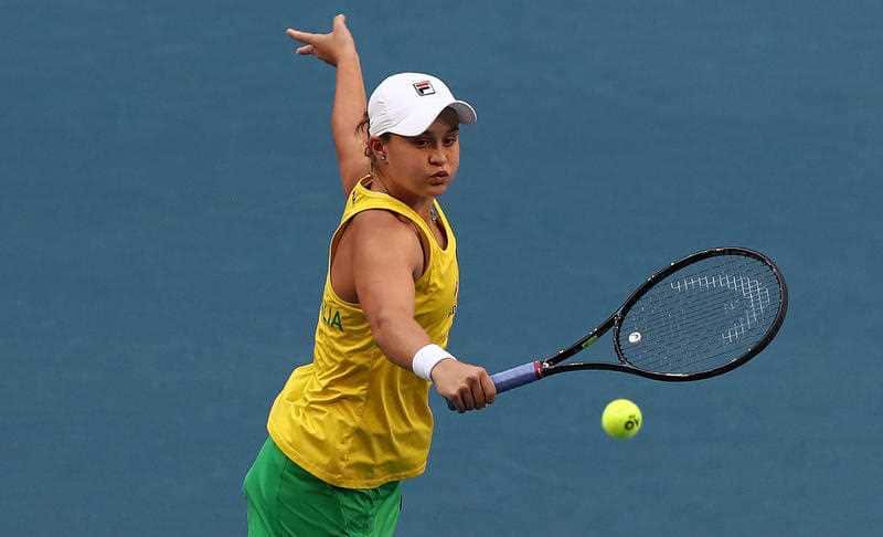 Ash Barty of Australia in action during the doubles match against Caroline Garcia and Kristina Mladenovic of France on day 2 of the Fed Cup Final