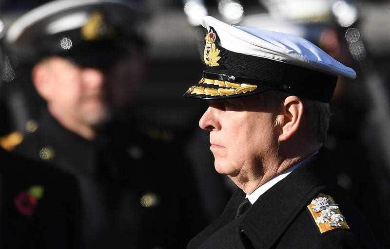 Britain's Prince Andrew at the Cenotaph on Whitehall during the Remembrance Sunday day service in London in 2019.