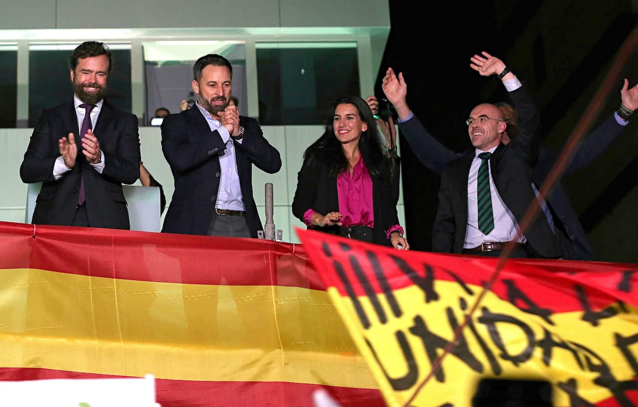 President of far-right party Vox, Santiago Abascal celebrate with party members following the general elections, 10 November 2019. 
