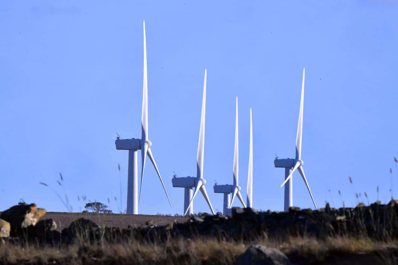 Turbines are seen at a wind farm near Bungendore, 40 kilometres east of Canberra.