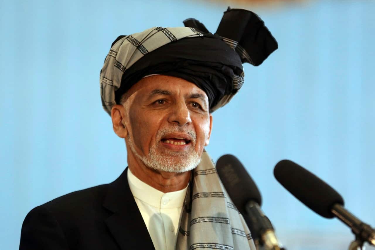 Afghan President Ashraf Ghani speaks to journalists.