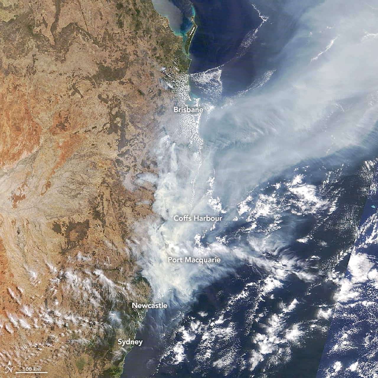 A NASA Earth Observatory image captures the fires which have raged across Queensland and New South Wales.