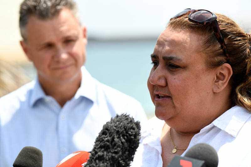 Federal Member for Kingsford Smith Matt Thistlethwaite and La Perouse Aboriginal Land Council chair Noelene Timbery are seen during a media press conference