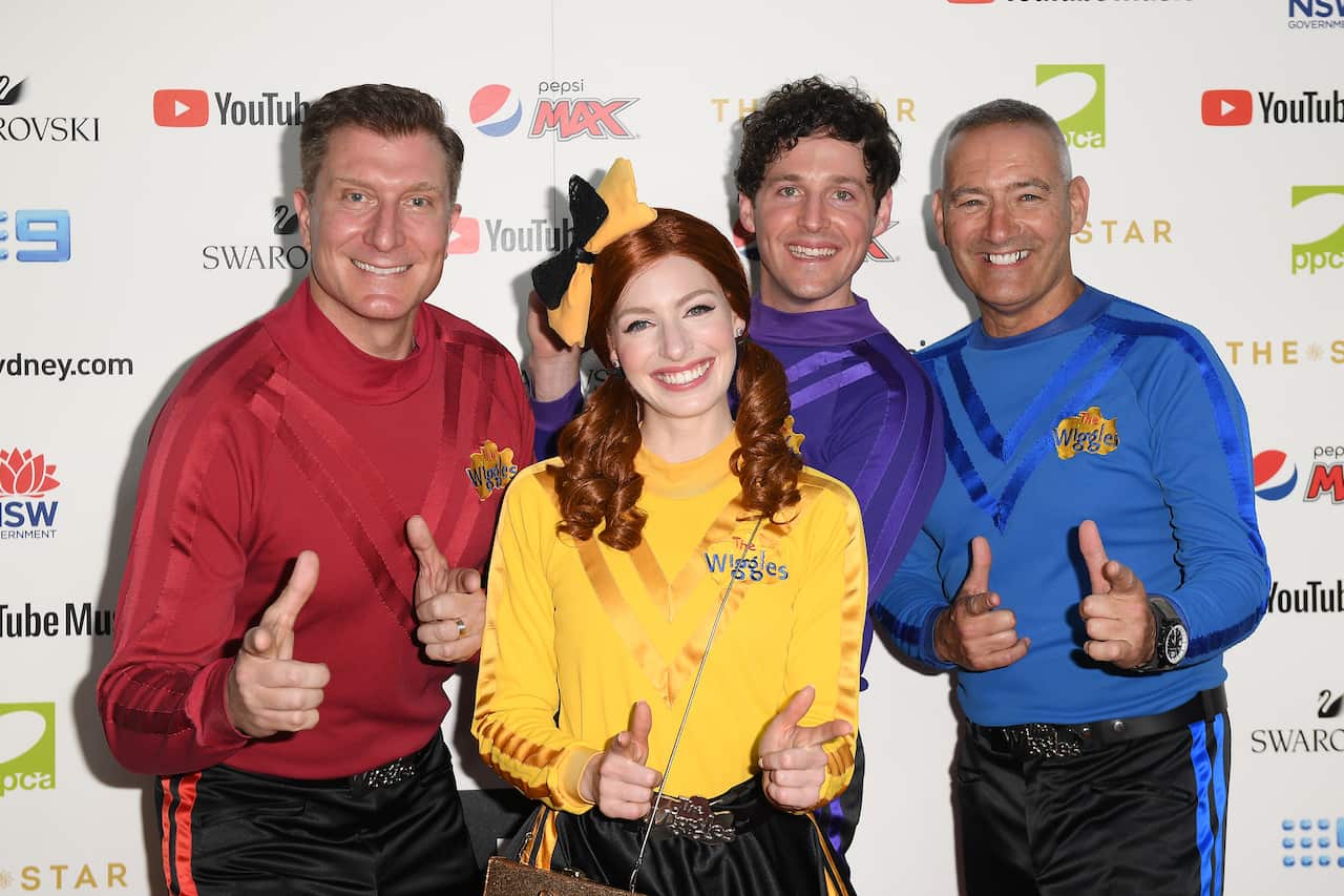 The current Wiggles group, including current Yellow Wiggle Emma Watkins and original Blue Wiggle Anthony Field.