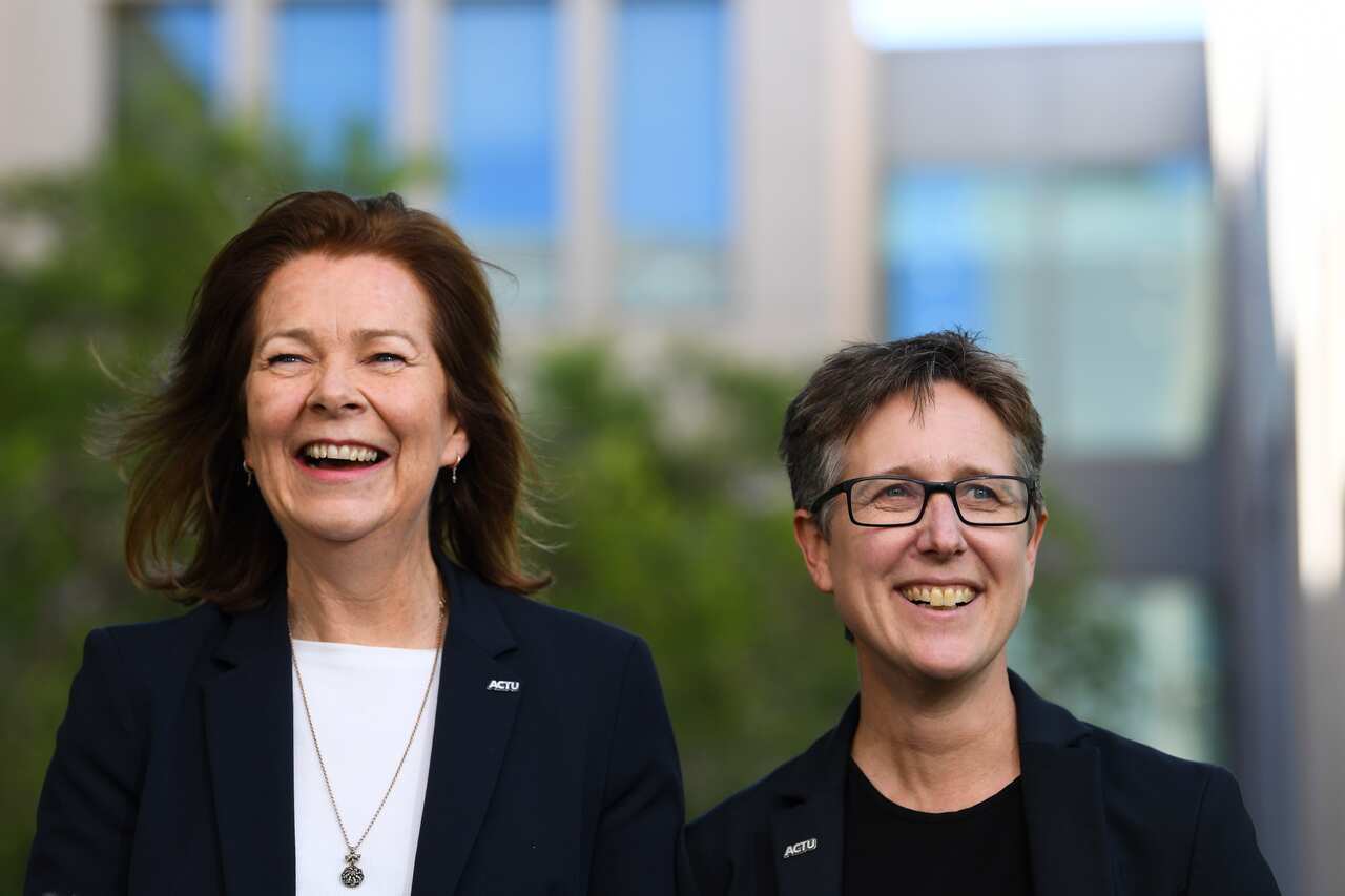 ACTU Secretary Sally McManus (right) and ACTU President Michele O'Neil speak during a press conference at Parliament House in Canberra, Thursday, November 28, 2019. (AAP Image/Lukas Coch) NO ARCHIVING