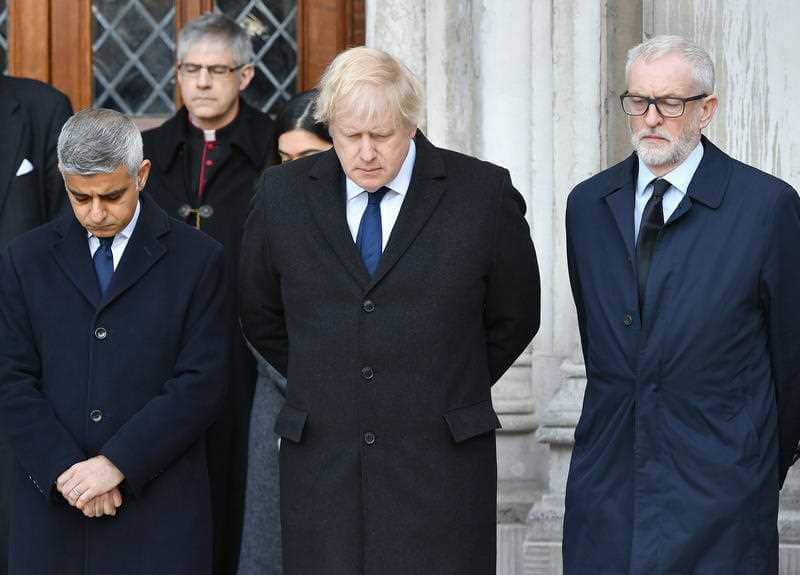 Mayor of London Sadiq Khan, Prime Minister Boris Johnson and Labour leader Jeremy Corbyn