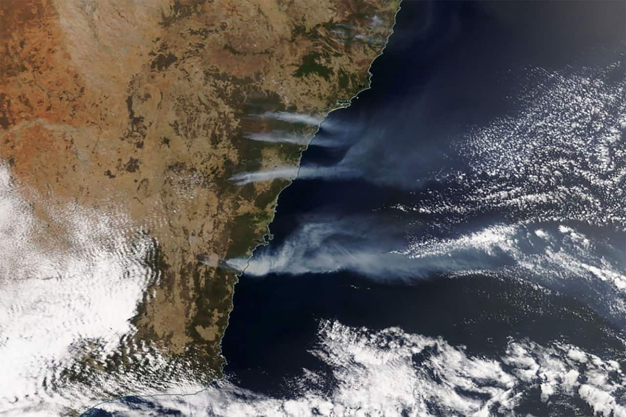 A supplied image obtained of A NASA Worldview Satellite, showing smoke from the current New South Wales bushfires.