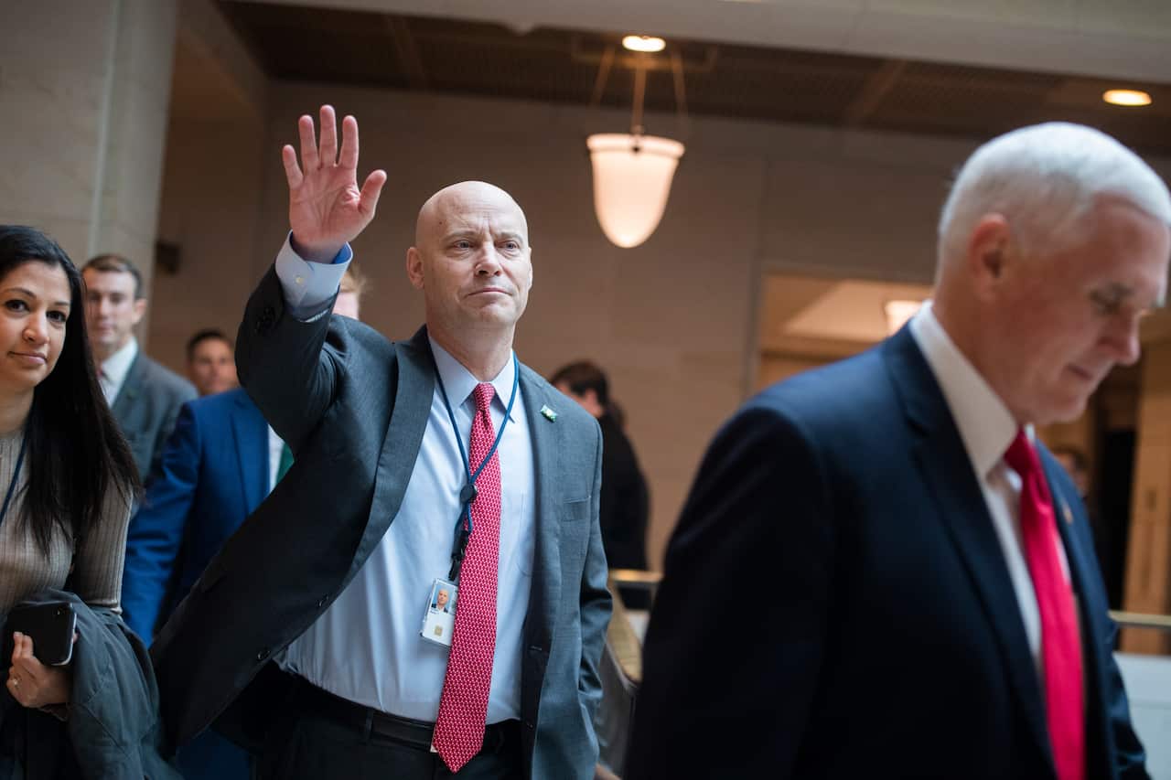 Marc Short, centre, chief of staff for Vice President Mike Pence, pictured in December, 2019. 