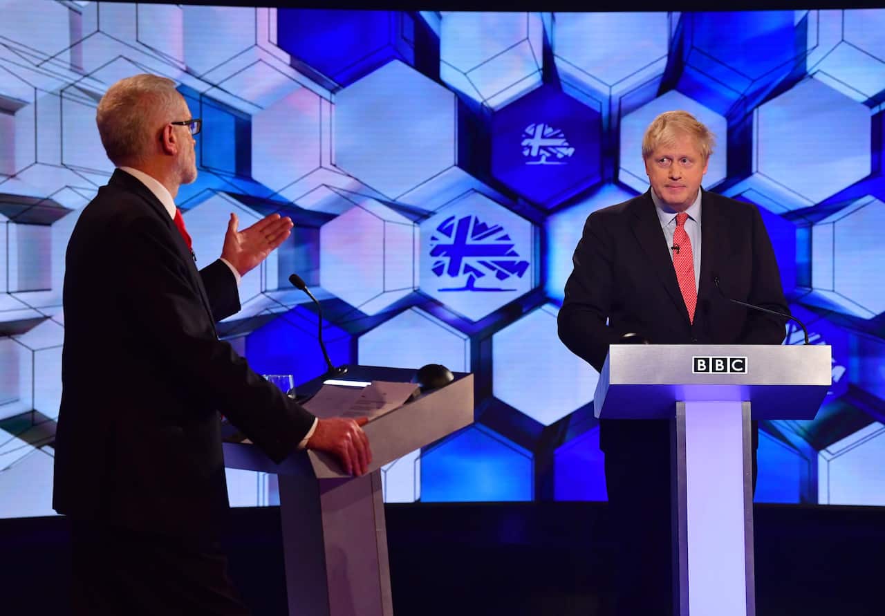 British Prime Minister Boris Johnson and Labour leader Jeremy Corbyn (left) going head to head in the BBC Election Debate.