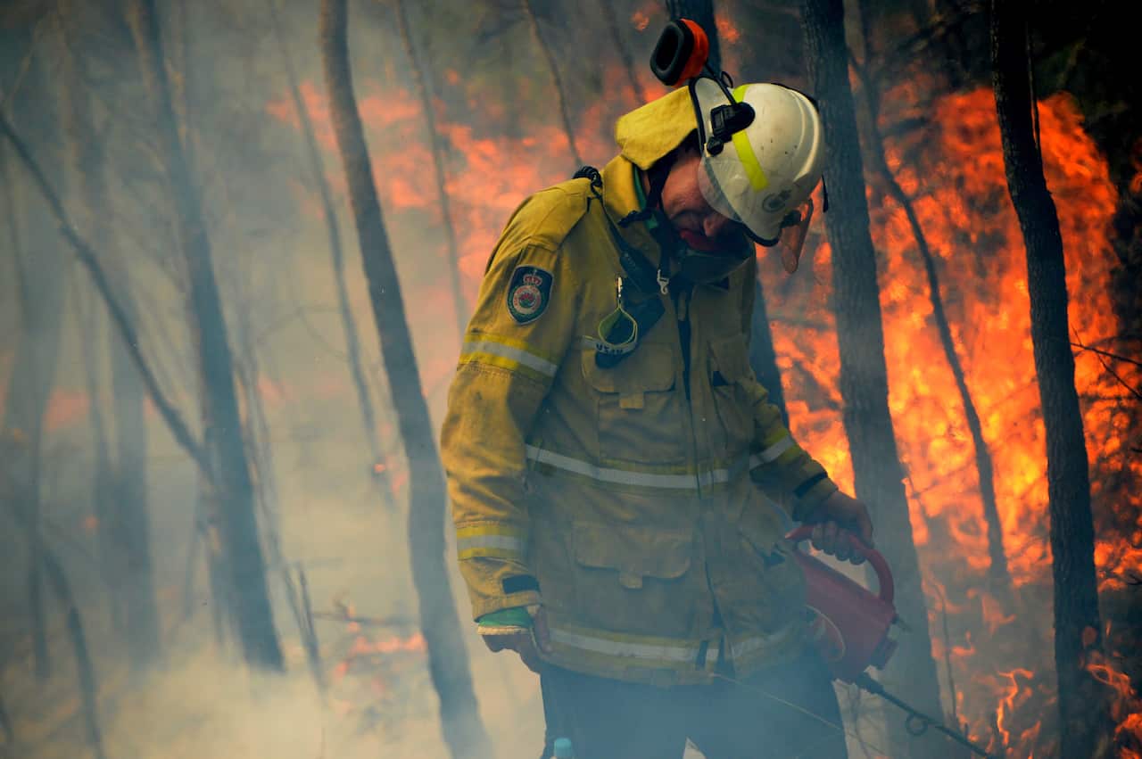 NSW Rural Fire fighters establish a backburn in Mangrove Mountain, New South Wales.