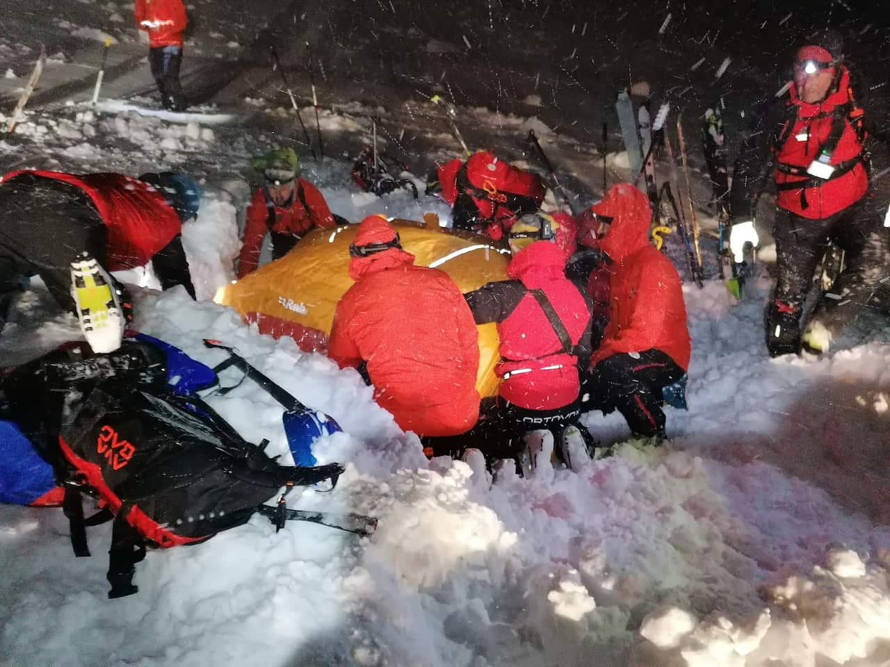 Mountain rescue workers at the scene of an avalanche at the Pleschnitzzinken mountain near Pruggern, Austria.