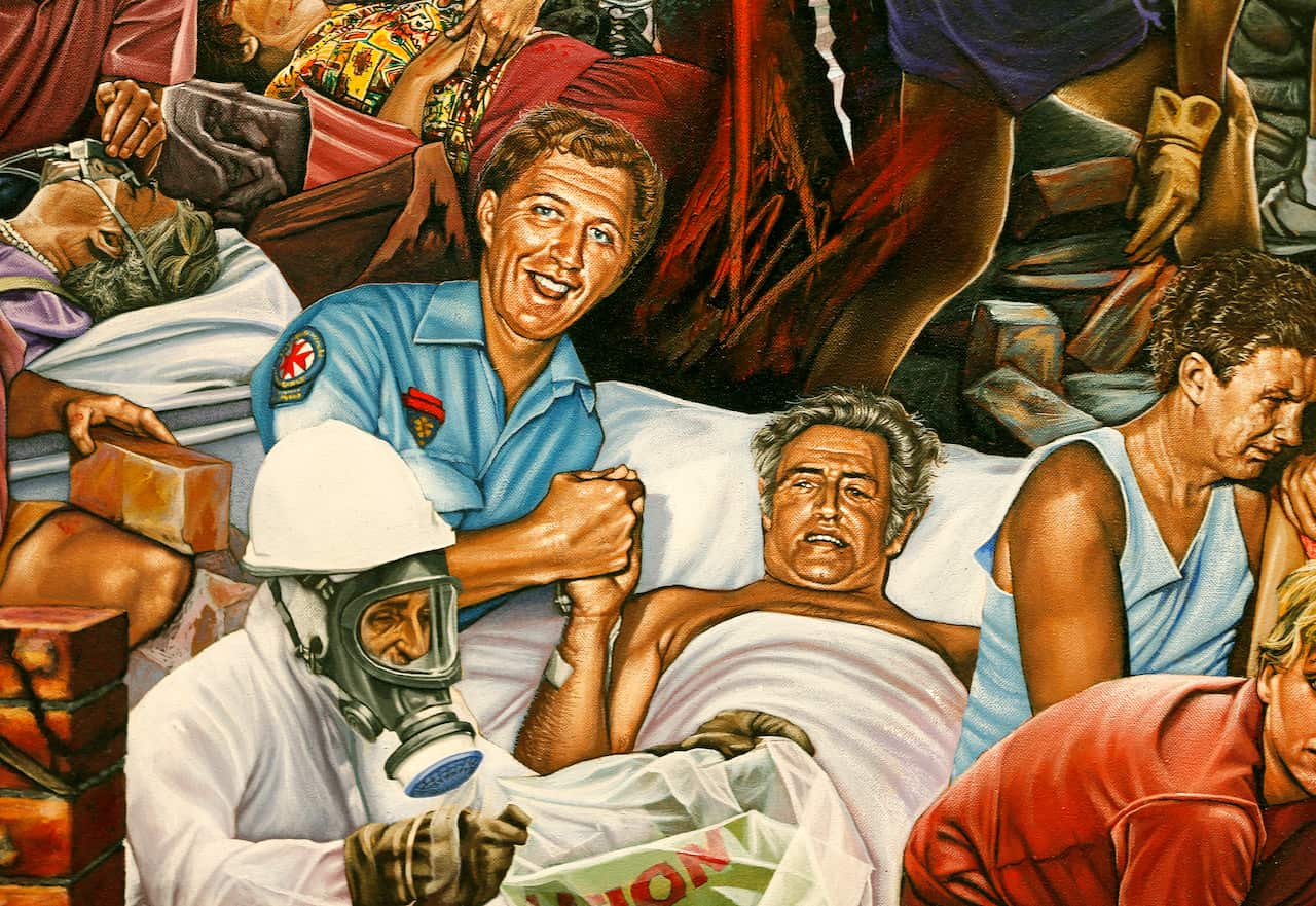 An artwork by Birgitte Hansen depicts Alan Playford, an Intensive Care Paramedic at the time of the Newcastle earthquake, alongside survivor Norm Duffy.