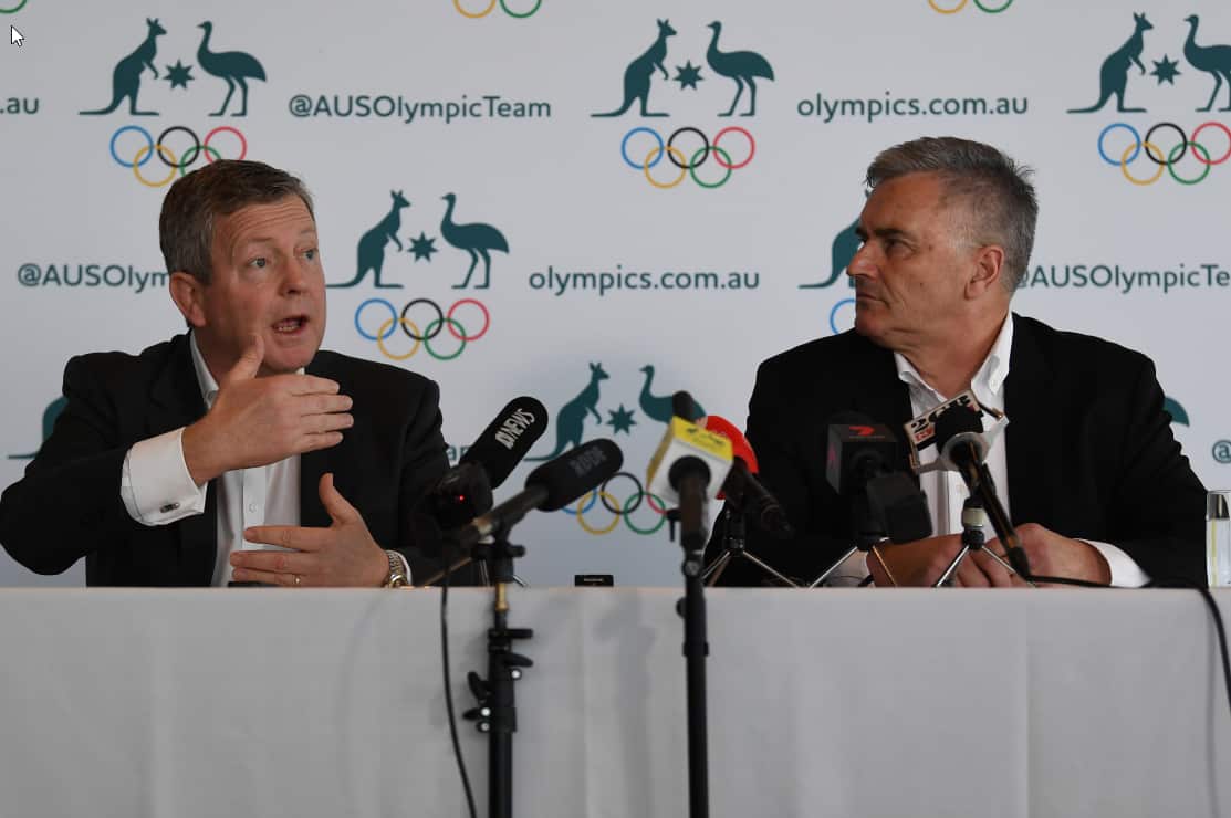 AOC Chief Executive Matt Carroll (left) and Australian Team Chef de Mission for Tokyo 2020 Ian Chesterman (right) address the media.