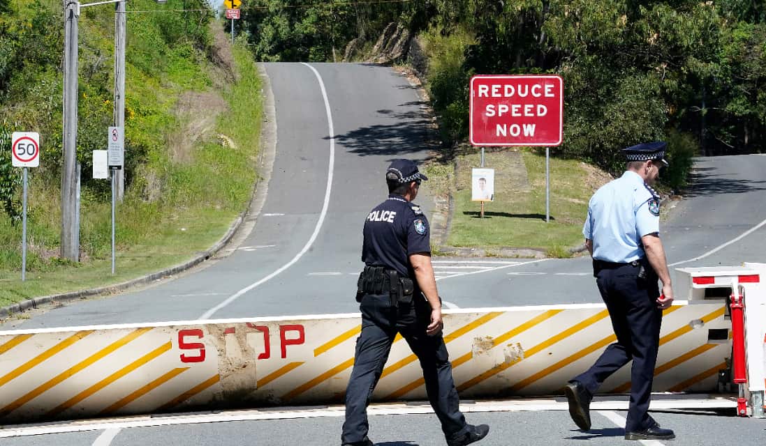Barriers are seen installed at Miles Street in Coolangatta on the NSW-Queensland border, Tuesday, April 7, 2020