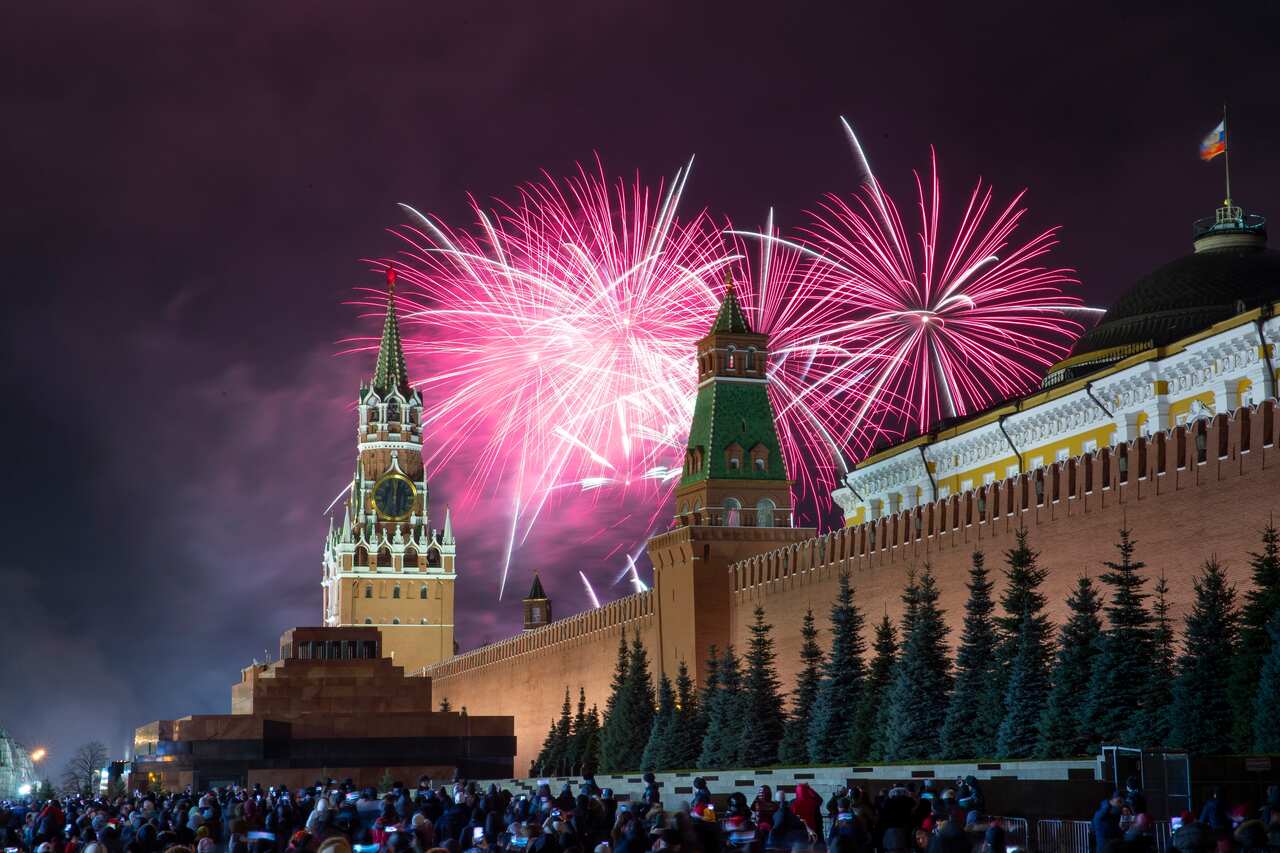 Fireworks explode over the Kremlin during New Year's celebrations in Red Square.