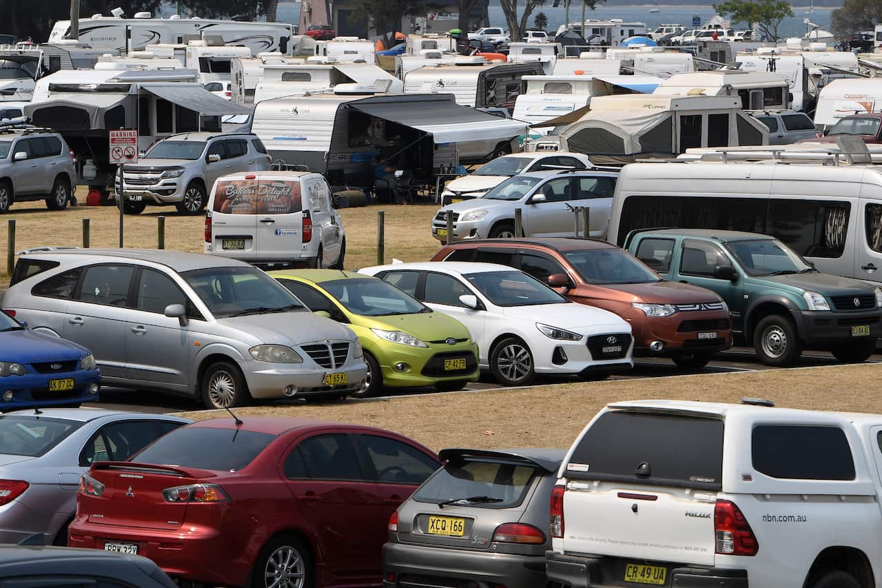 A busy evacuation centre at the Hanging Rock Sports Club Function Centre at Batemans Bay in January.