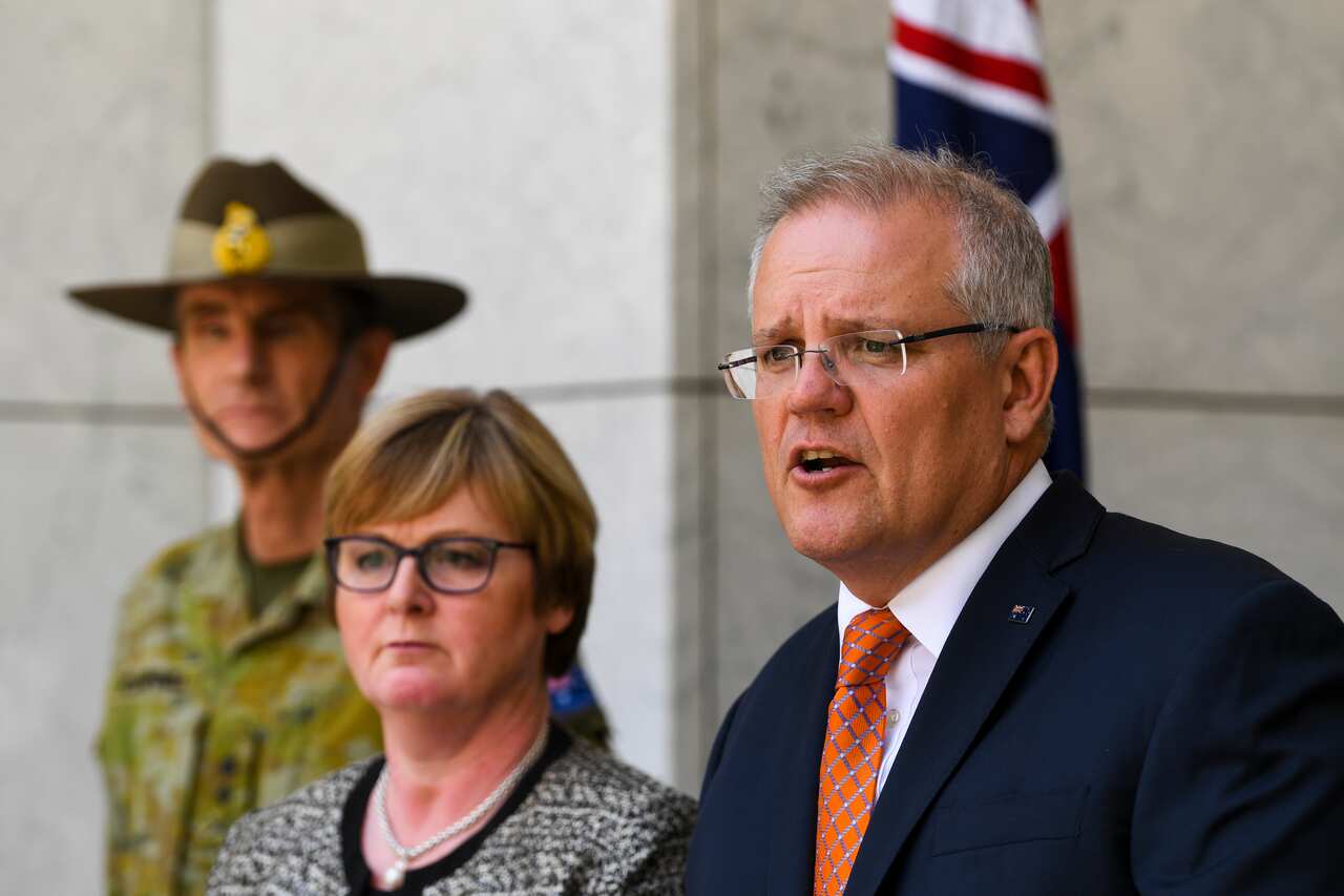 Australian Prime Minister Scott Morrison speaks during a press conference on the governments' bushfire response at Parliament House in Canberra, Saturday, January 4, 2020. (AAP Image/Lukas Coch) NO ARCHIVING