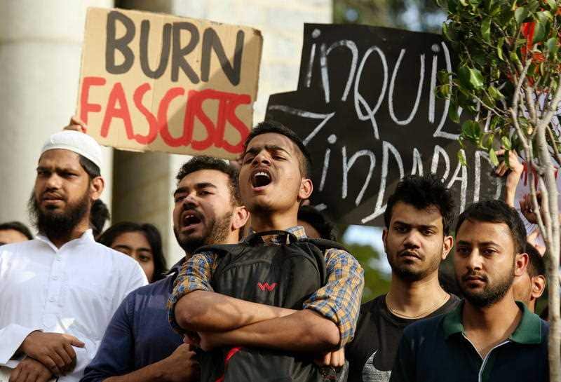 Students during a protest at the JNU campus at New Delhi
