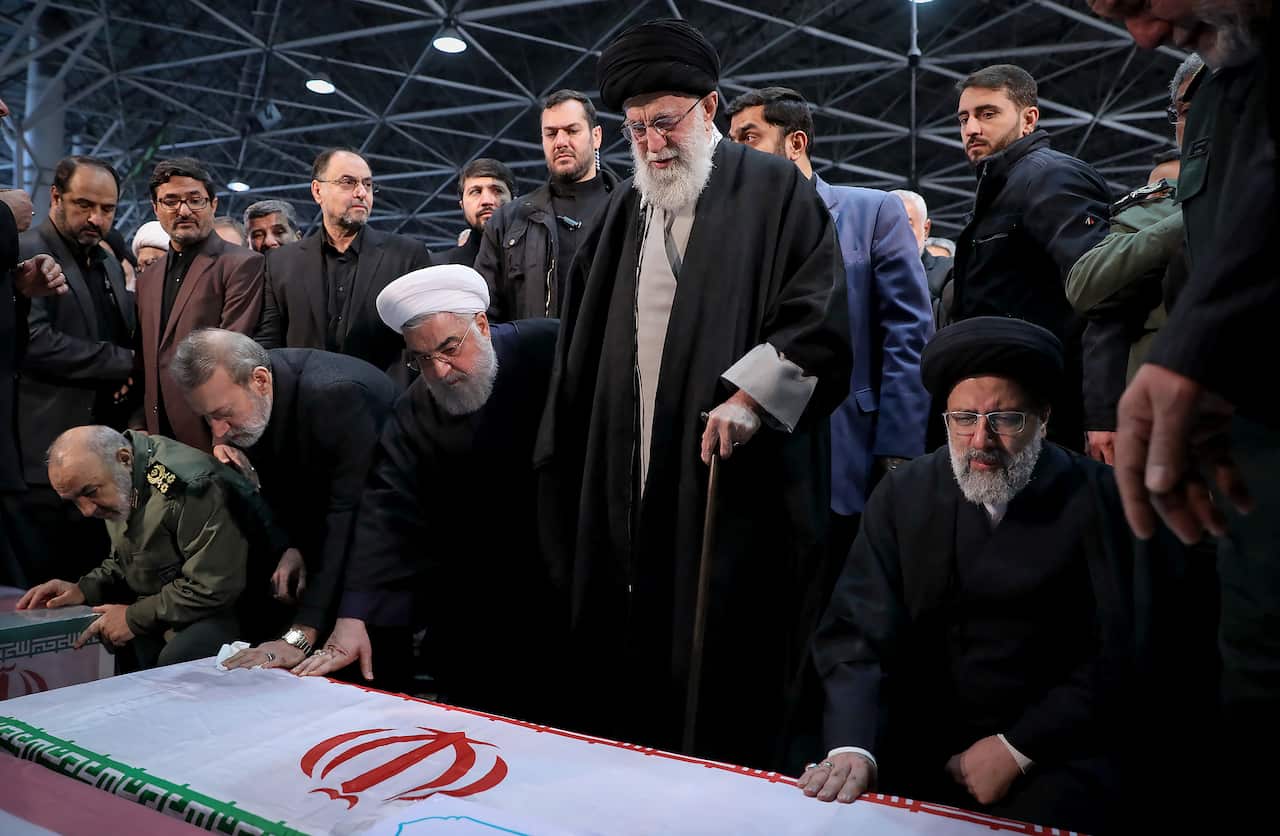 Iranian Supreme Leader Ayatollah Ali Khamenei (3rd L), Iranian President Hassan Rouhani (2nd L) attend the funeral of Qasem Soleimani.
