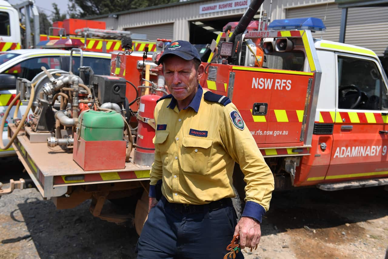 Former prime minister Tony Abbott at the Adaminaby Rural Fire Service station.