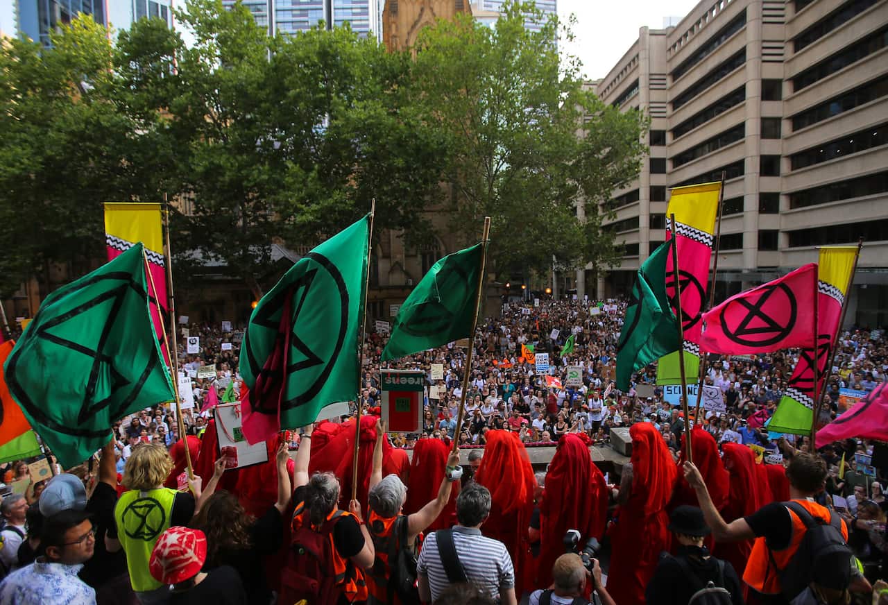 Protesters hold flags emblazoned with the Extinction Rebellion logo during a 'Sack ScoMo!' climate change rally in Sydney.