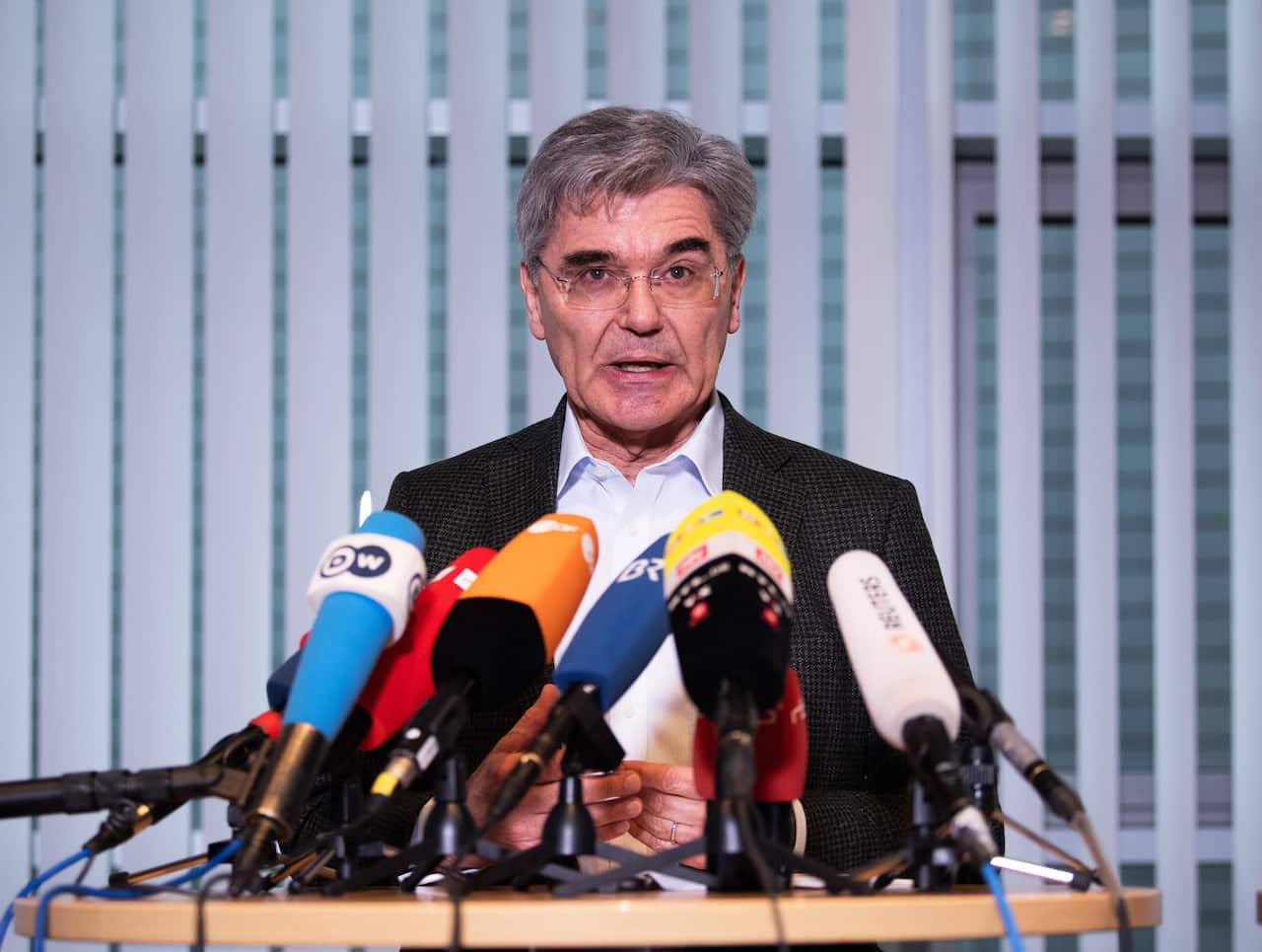 Joe Kaeser, CEO of Siemens AG, delivers a statement after a conversation with Fridays for Future activist Luisa Neubauer.