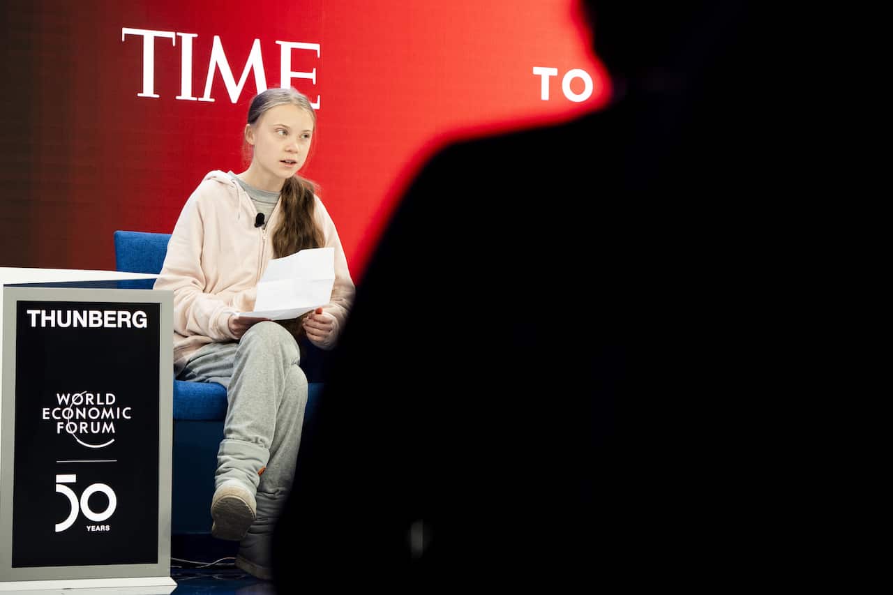Greta Thunberg attends a panel session during the 50th annual meeting of the World Economic Forum (WEF) in Davos