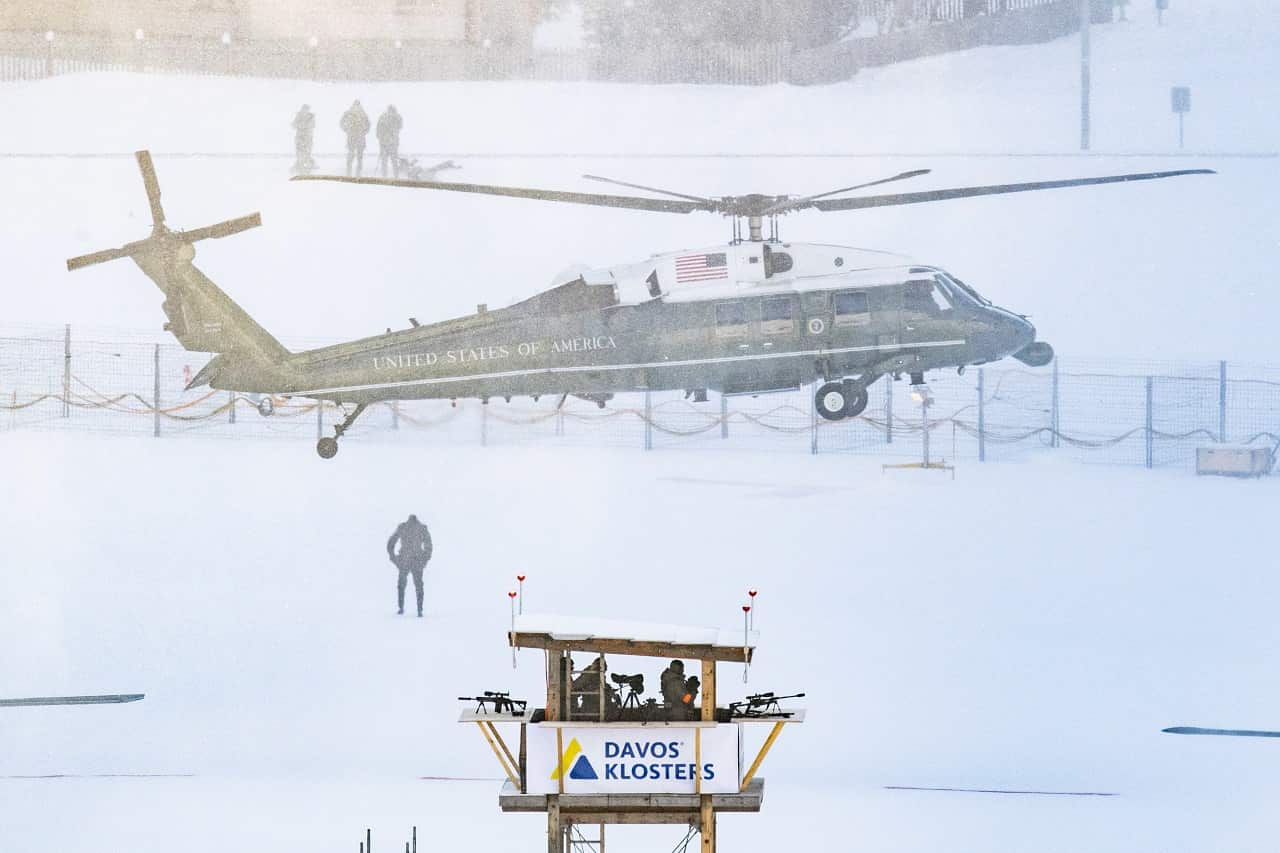 Donald Trump arrives on Marine One at the heliport in Davos.