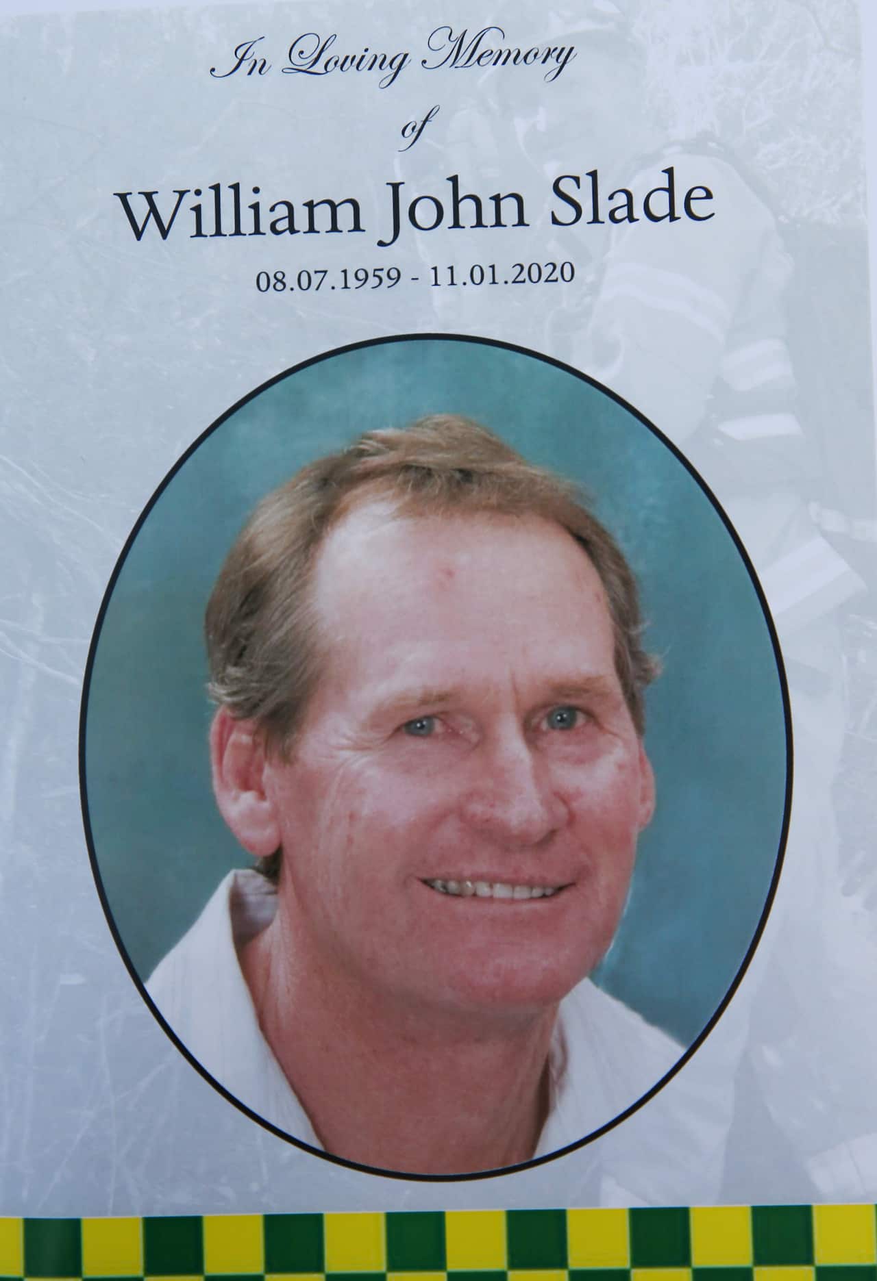 The cover of the order of service is seen during the funeral for veteran firefighter Bill Slade at Wonthaggi State Coal Mine in Victoria