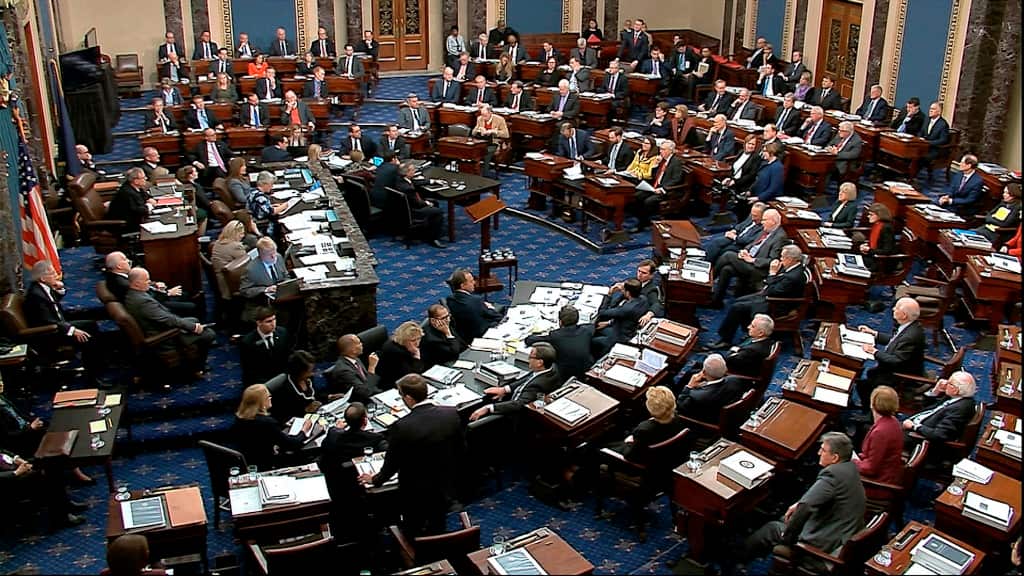 Senators vote on approving the rules for the impeachment trial against President Donald Trump in the Senate at the US Capitol