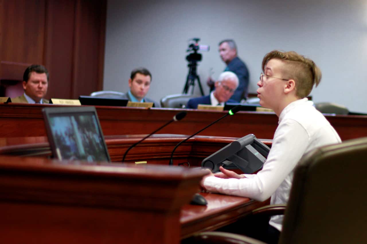 Non-binary teen, Quinncy Parke, testifies to the South Dakota House State Affairs committee against the bill.