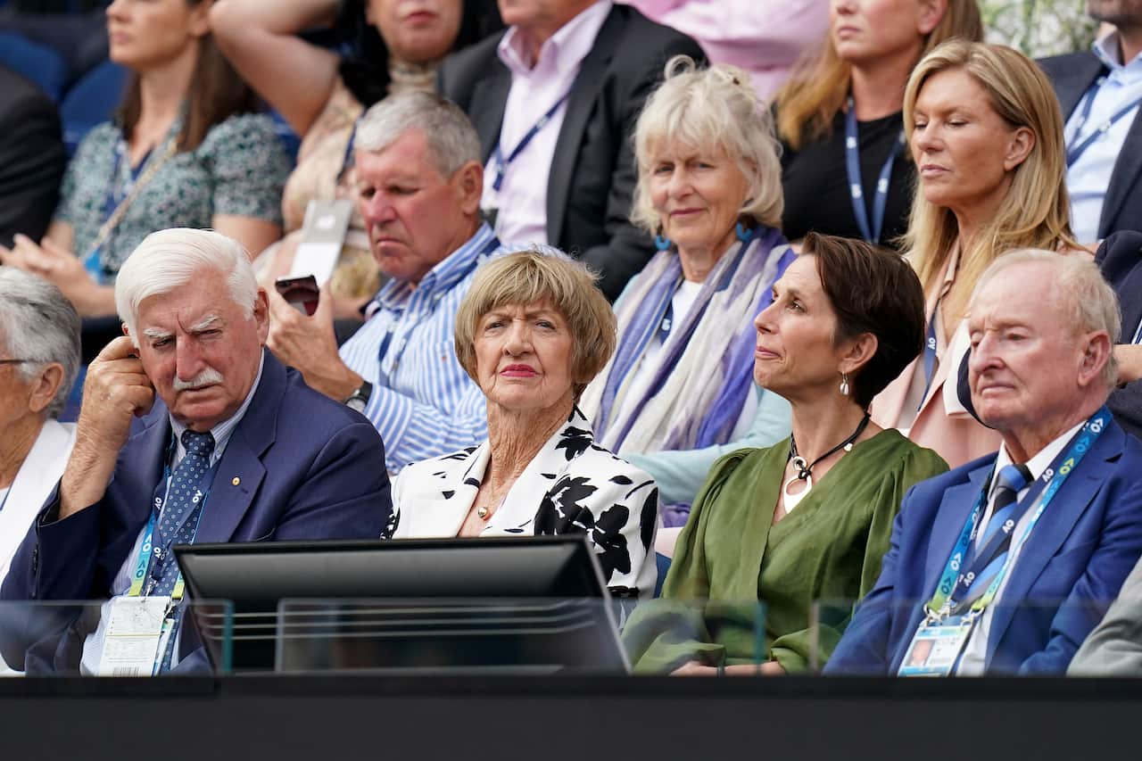 (L-R) Barry Court, Margaret Court, Jayne Hrdlicka and Rod Laver are seen during the fourth round match between Nick Kyrgios of Australia and Rafael Nadal.