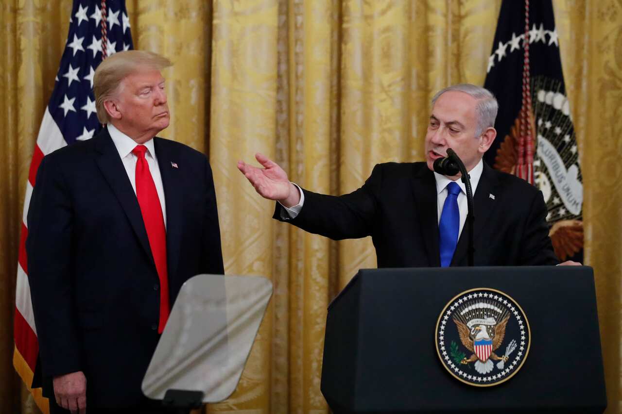 Israeli Prime Minister Benjamin Netanyahu speaks during an event announcing Donald Trump's anticipated plan to resolve the Israeli-Palestinian conflict
