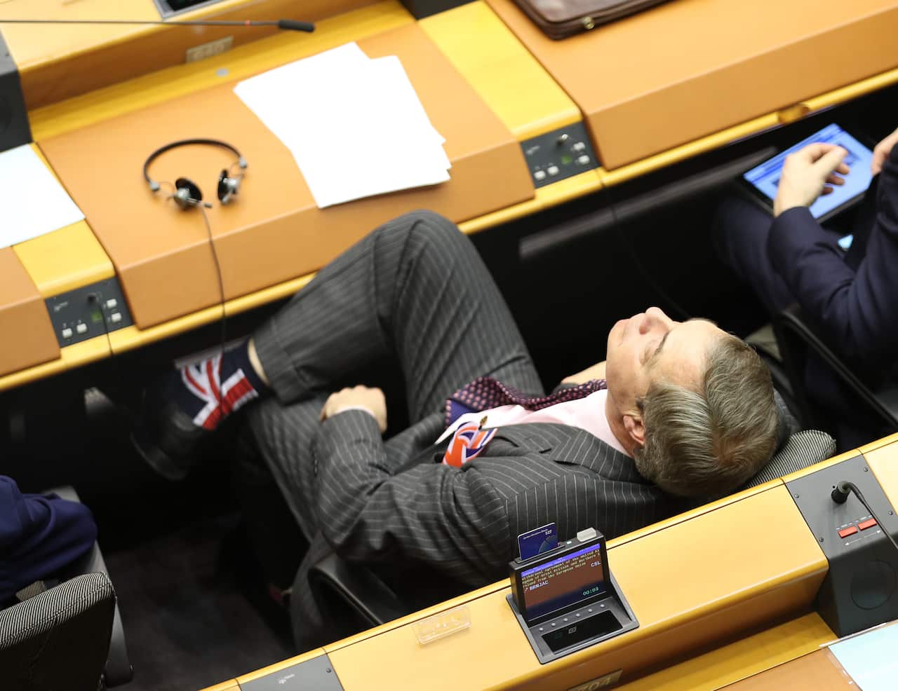 Nigel Farage in the parliament chamber at the European Parliament in Brussels, Belgium.