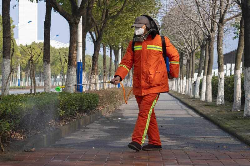A worker wearing a face mask sprays disinfectant along a path in Wuhan in central China's Hubei Province.