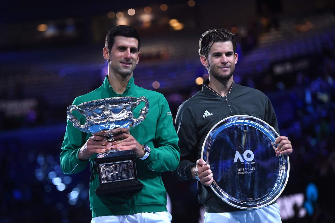 Novak Djokovic defeats Dominic Thiem in the men final at the 2020 Australian Open at Melbourne Park.