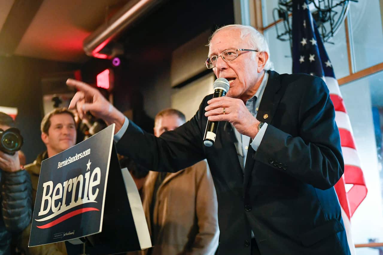 US Senator from Vermont Bernie Sanders addresses supporters during the Big Game Watch Party at Ingersoll Tap, a bar in Des Moines, Iowa.