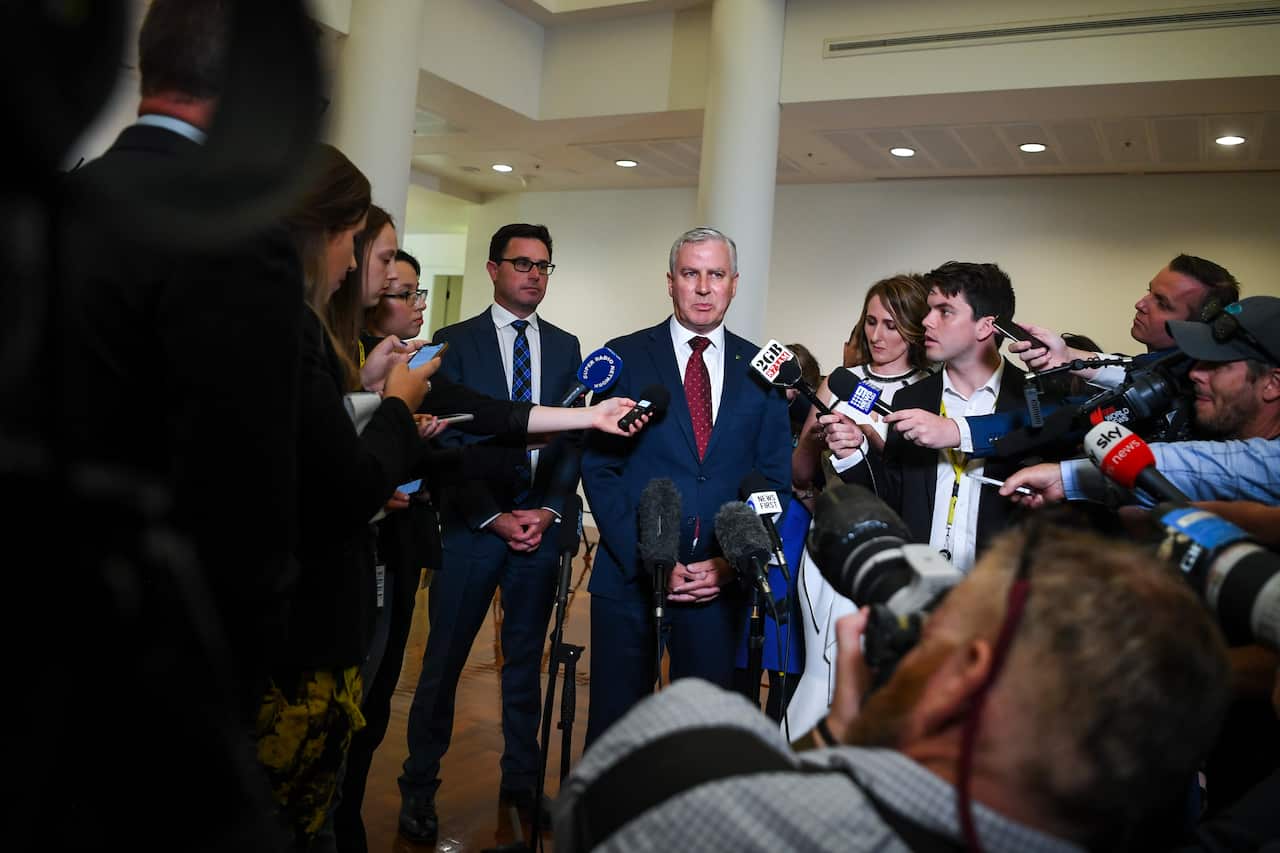Re-elected Nationals leader Michael McCormack (right) and newly-elected Deputy leader David Littleproud speak during a press conference at Parliament House.
