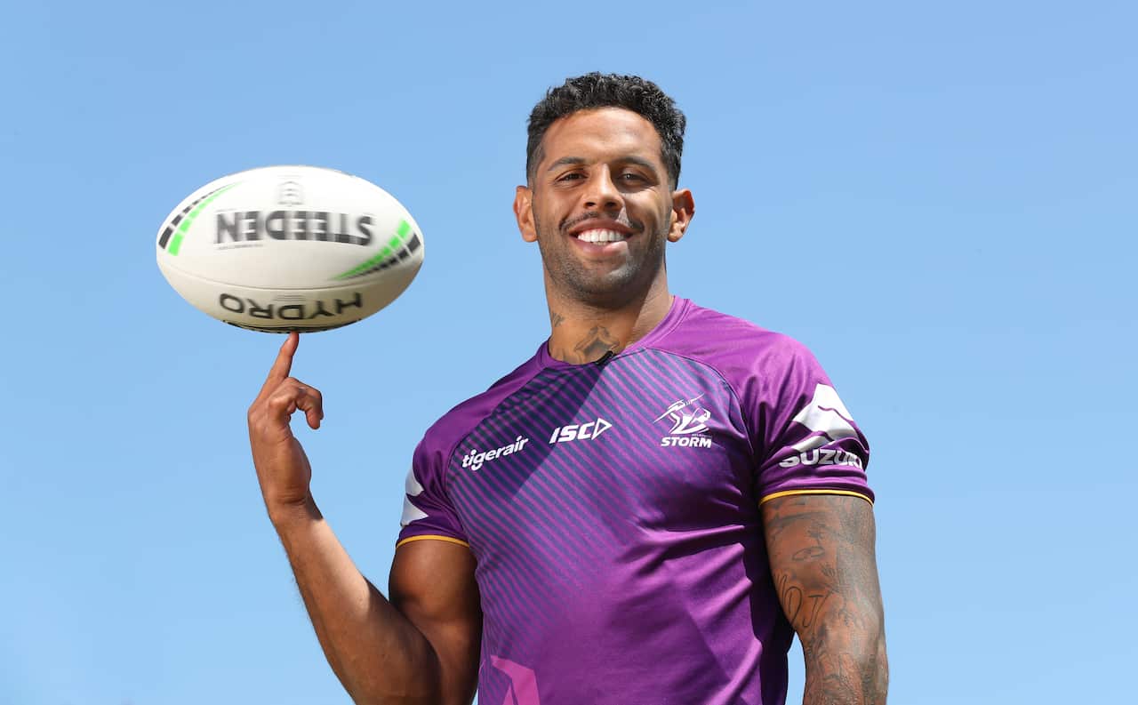 Melbourne Storm player Josh Addo-Carr poses for a photo in Melbourne, Tuesday, February 4, 2020. He has announced he will leave Melbourne Storm at the end of the upcoming season. (AAP Image/David Crosling) NO ARCHIVING